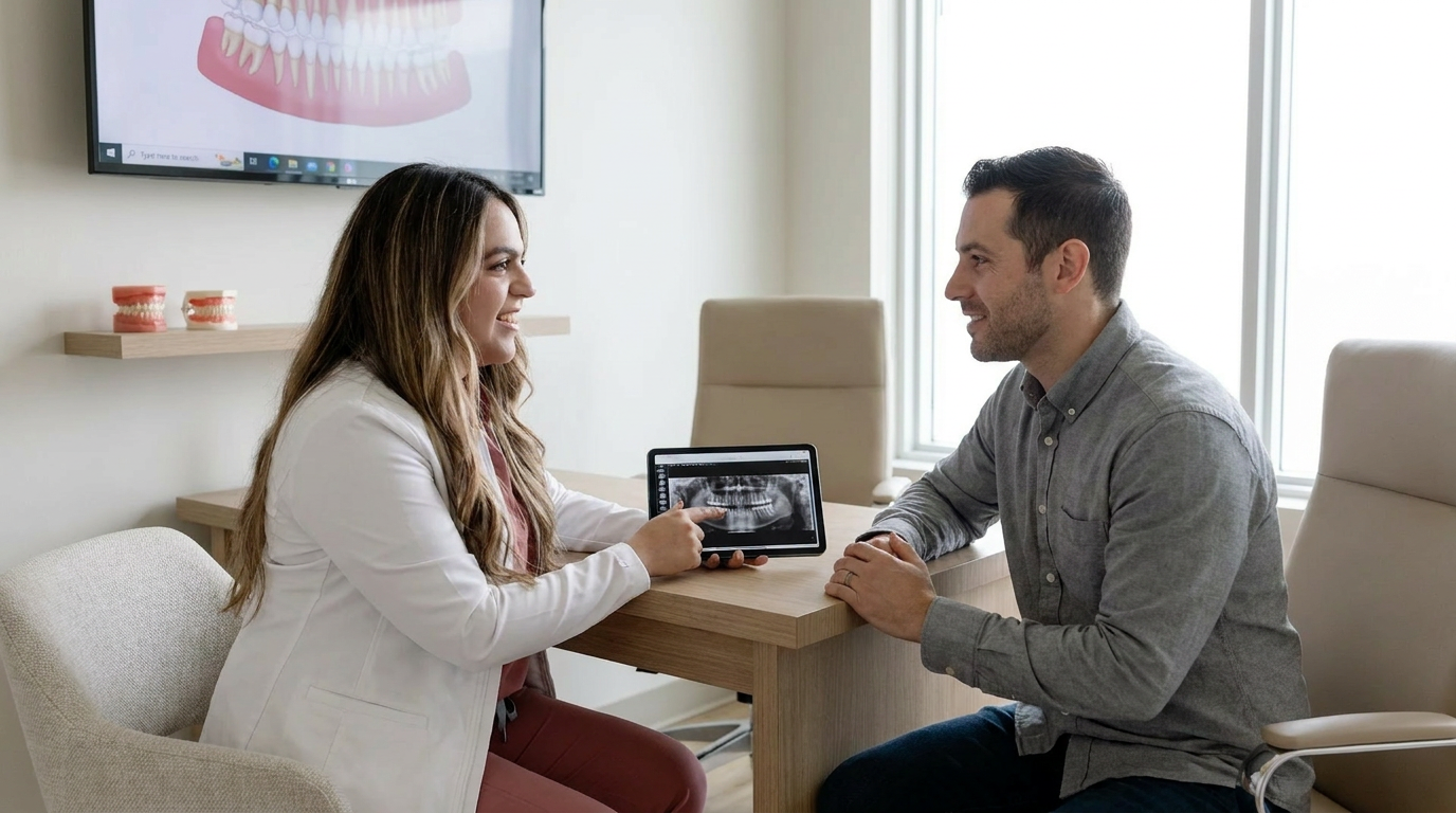 Photorealistic lifestyle dental scene: Dr. Alex Franco, engaging warmly with Daniel, in a consultation room.