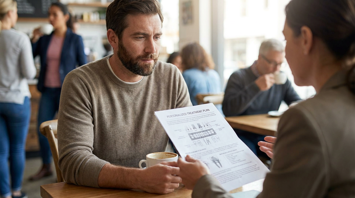 Photorealistic lifestyle dental scene: Daniel, sits thoughtfully in a bright cafe, looking at a personalized treatment plan on a sheet of paper.