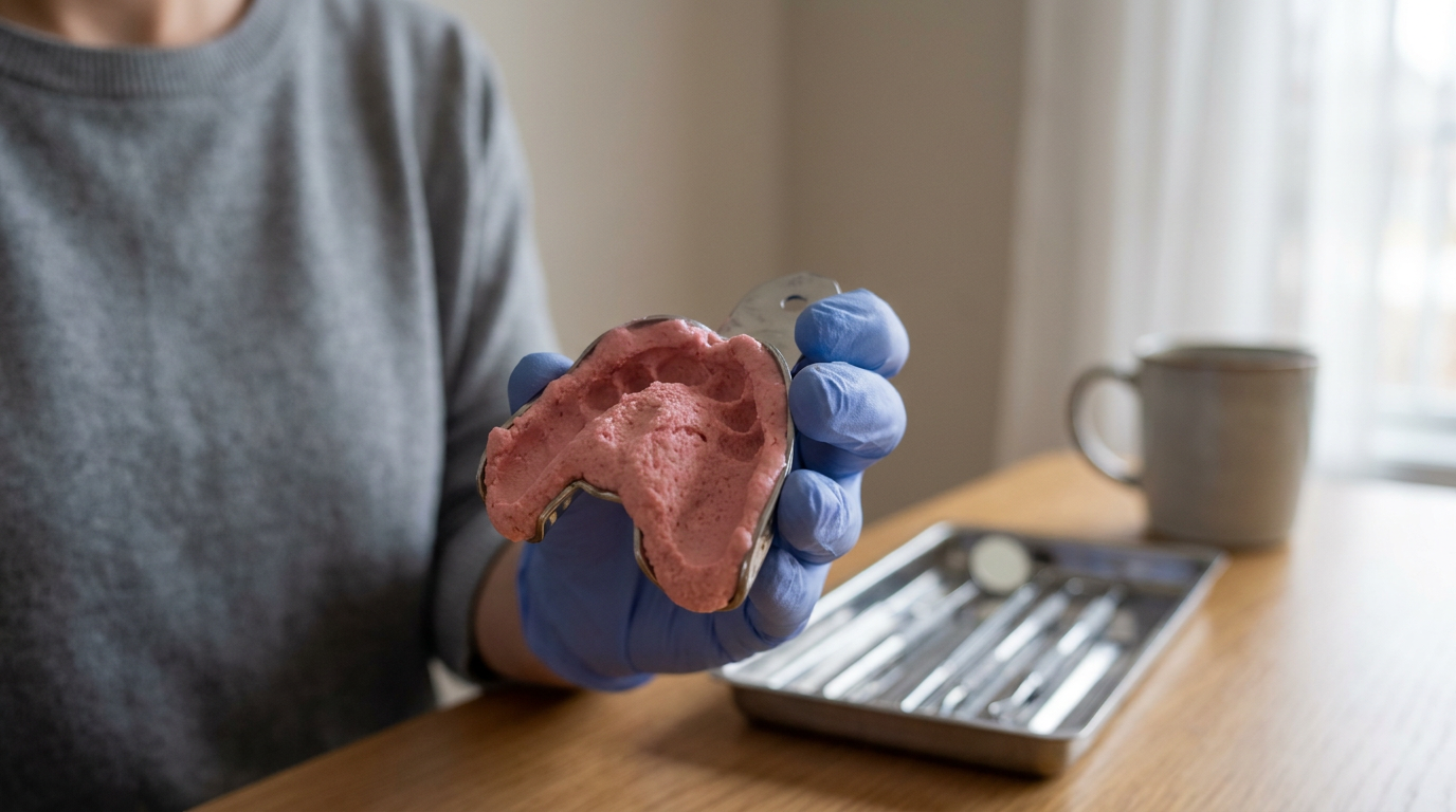 A person wearing a gray long-sleeved shirt and blue gloves holds a dental impression tray with pink putty, while a tray of dental tools and a mug sit on a wooden table in the background.