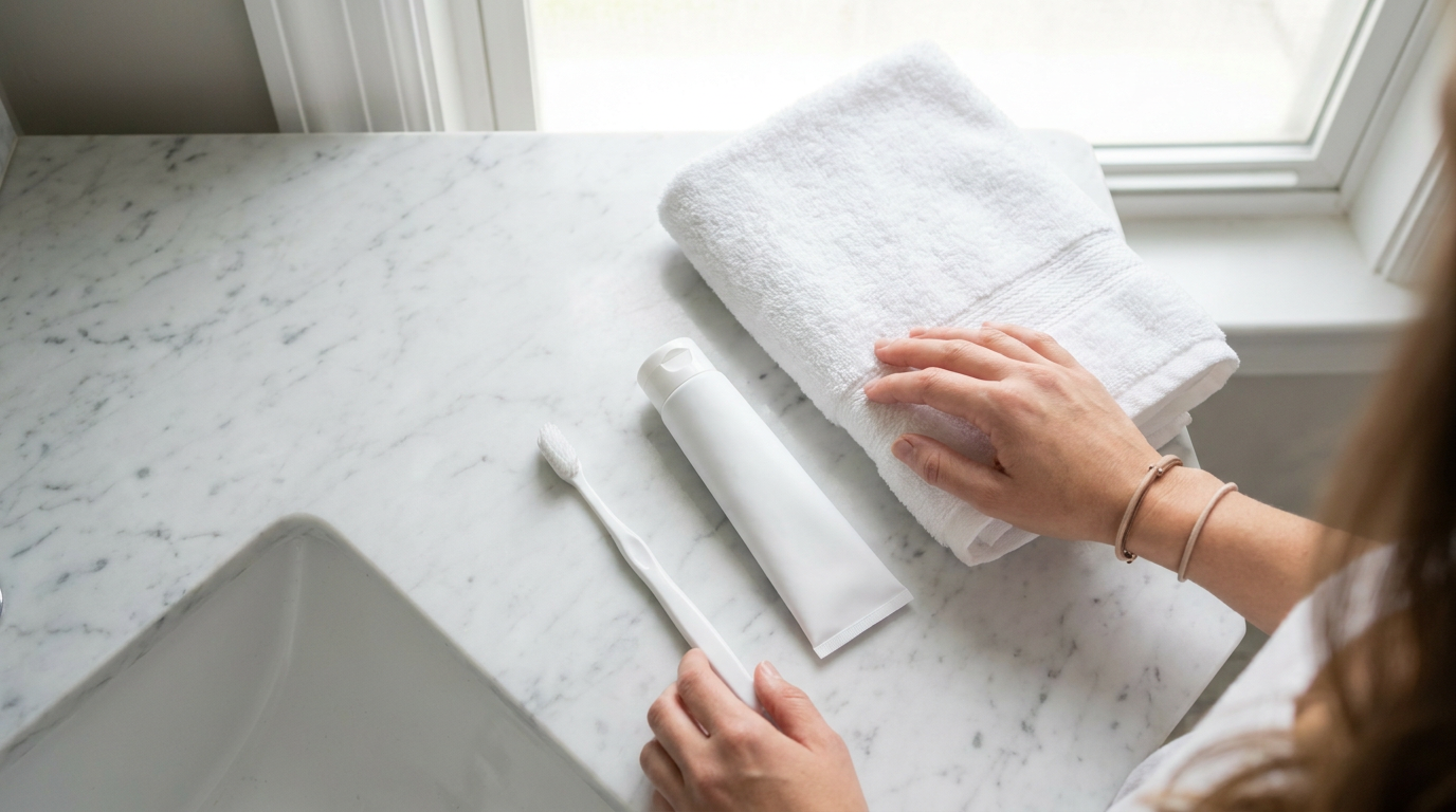 A person's hands rest on a white towel, a white tube of toothpaste, and a white toothbrush on a marble counter next to a white sink.