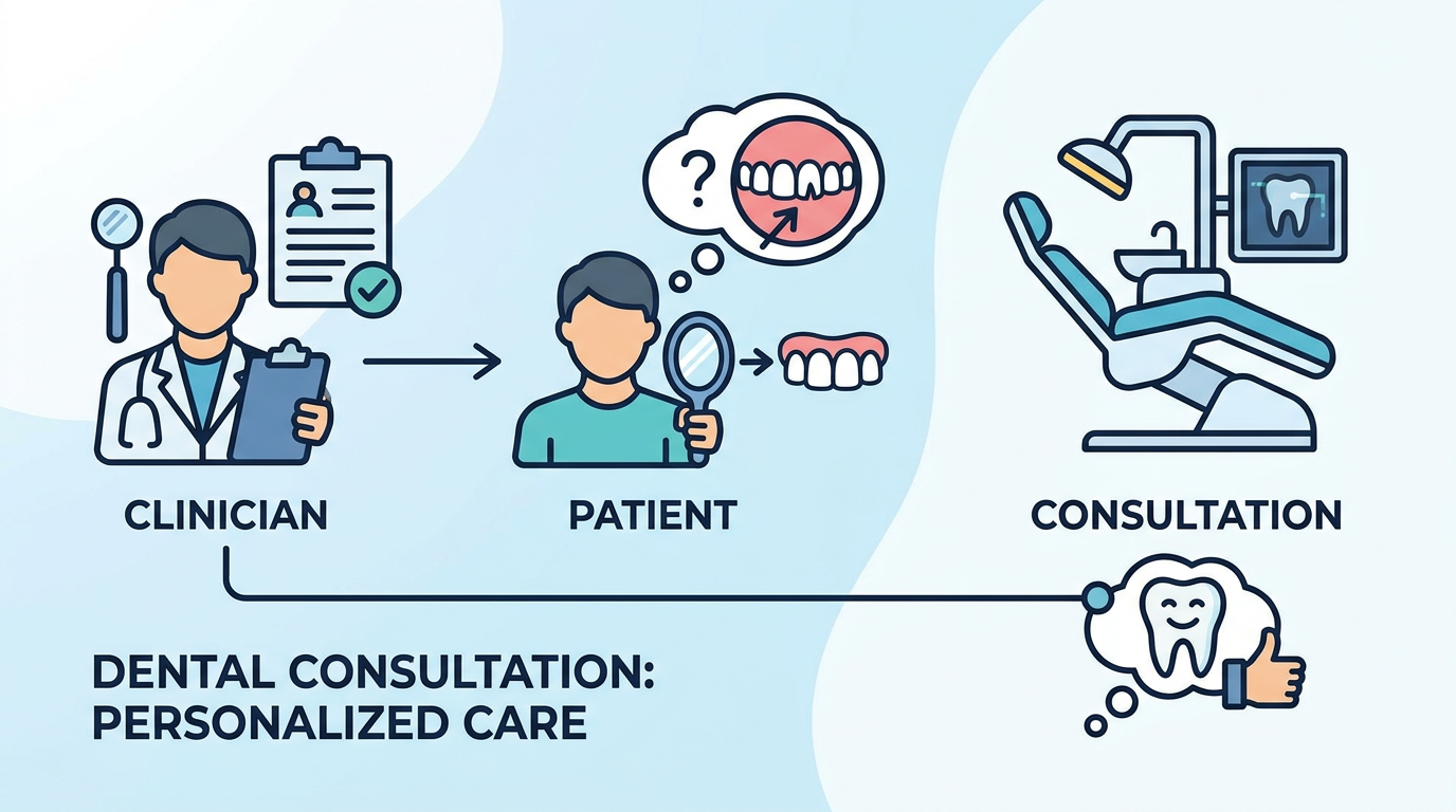 An infographic shows a clinician, a patient, and a consultation, with text that reads "Dental Consultation: Personalized Care.