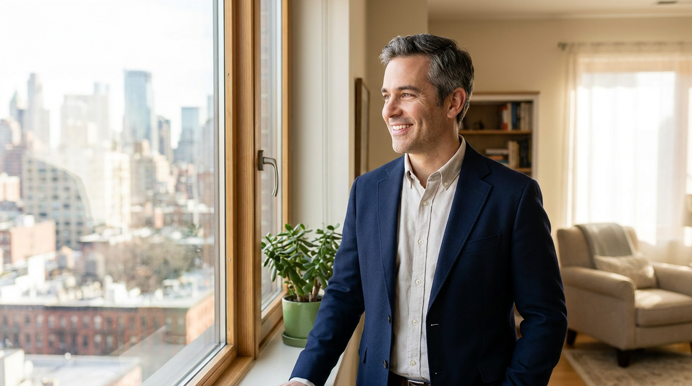 Joshua, stands by a large window with a plant on the sill, smiling while looking out at a city skyline.