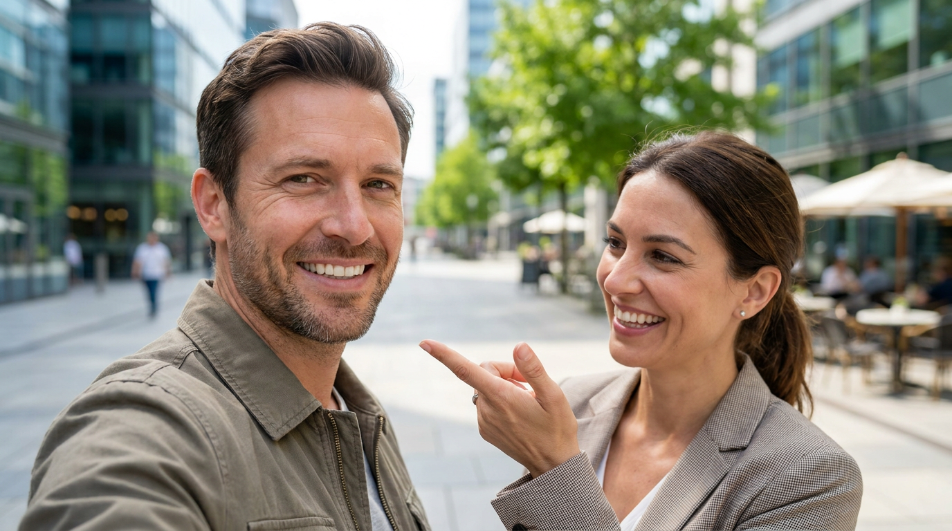 Joshua, a man in a green jacket, smiles at the camera while a woman in a plaid blazer points at him and smiles in an outdoor urban setting.