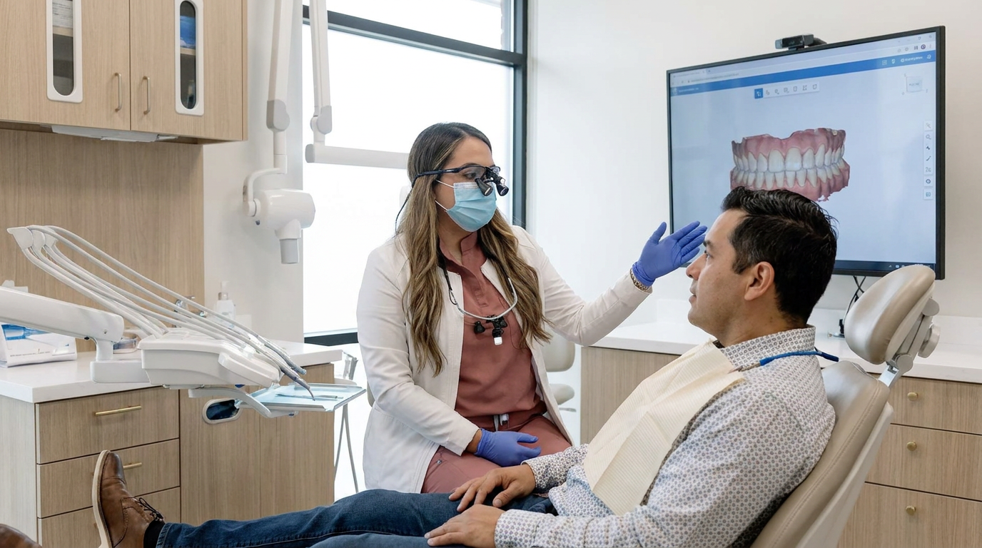 A dentist in a white lab coat, blue gloves, a face mask, and loupes touches a patient's forehead as they both look at a screen displaying a 3D model of teeth.