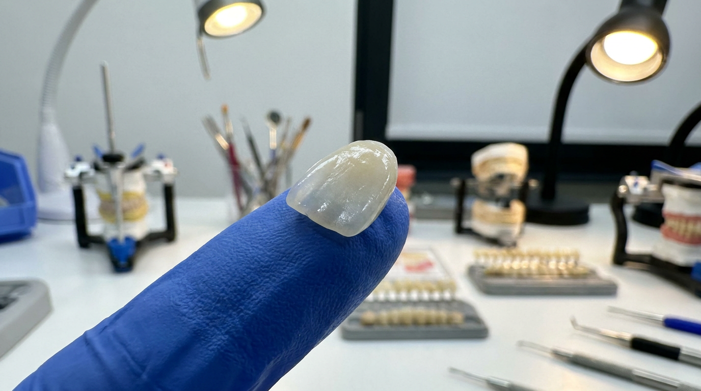 A gloved fingertip holds a porcelain veneer in a dental lab with two lamps, dental models, and tools on a white counter.