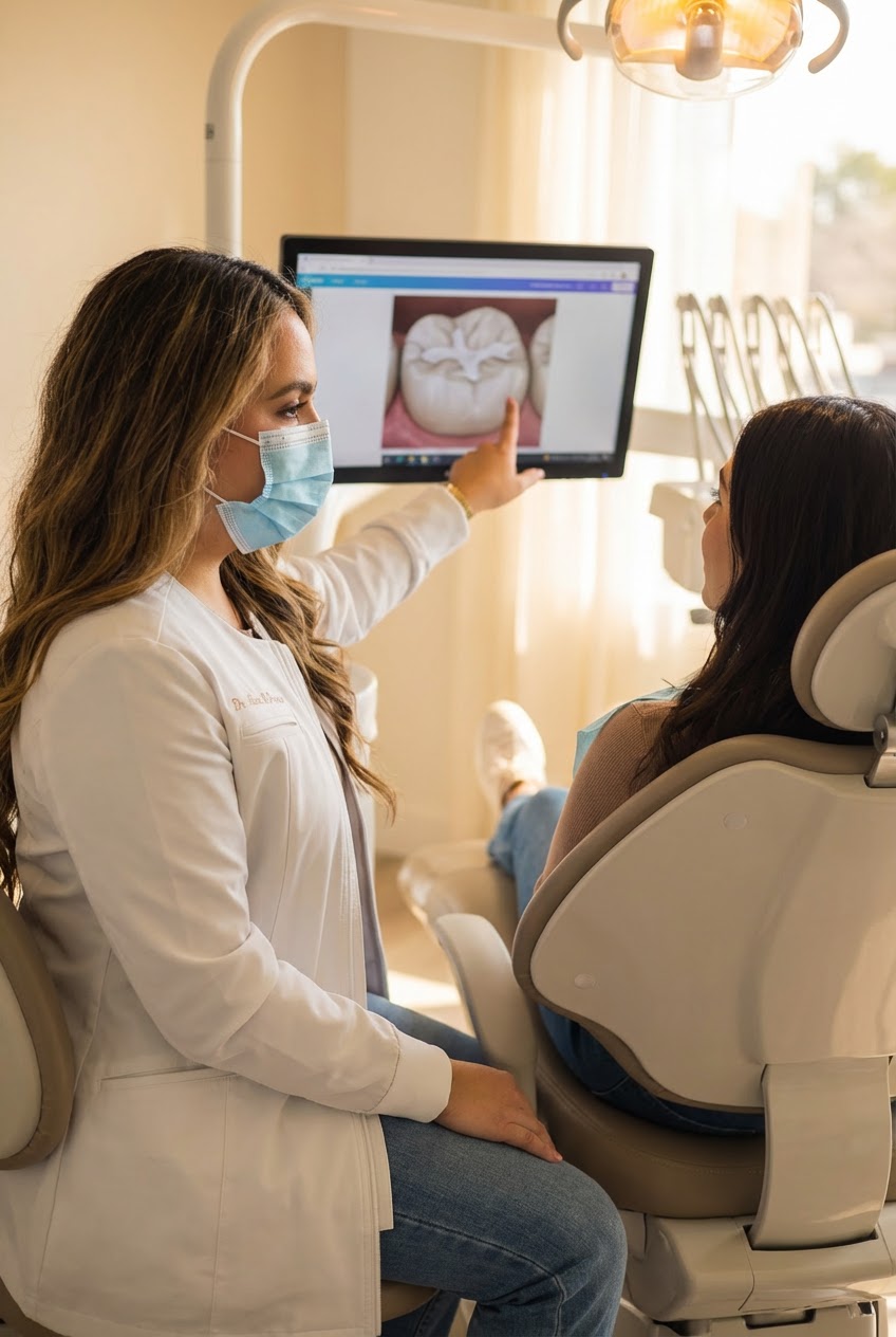 Dr. Alex Franco reviews a digital image of a tooth with a patient before dental treatment.