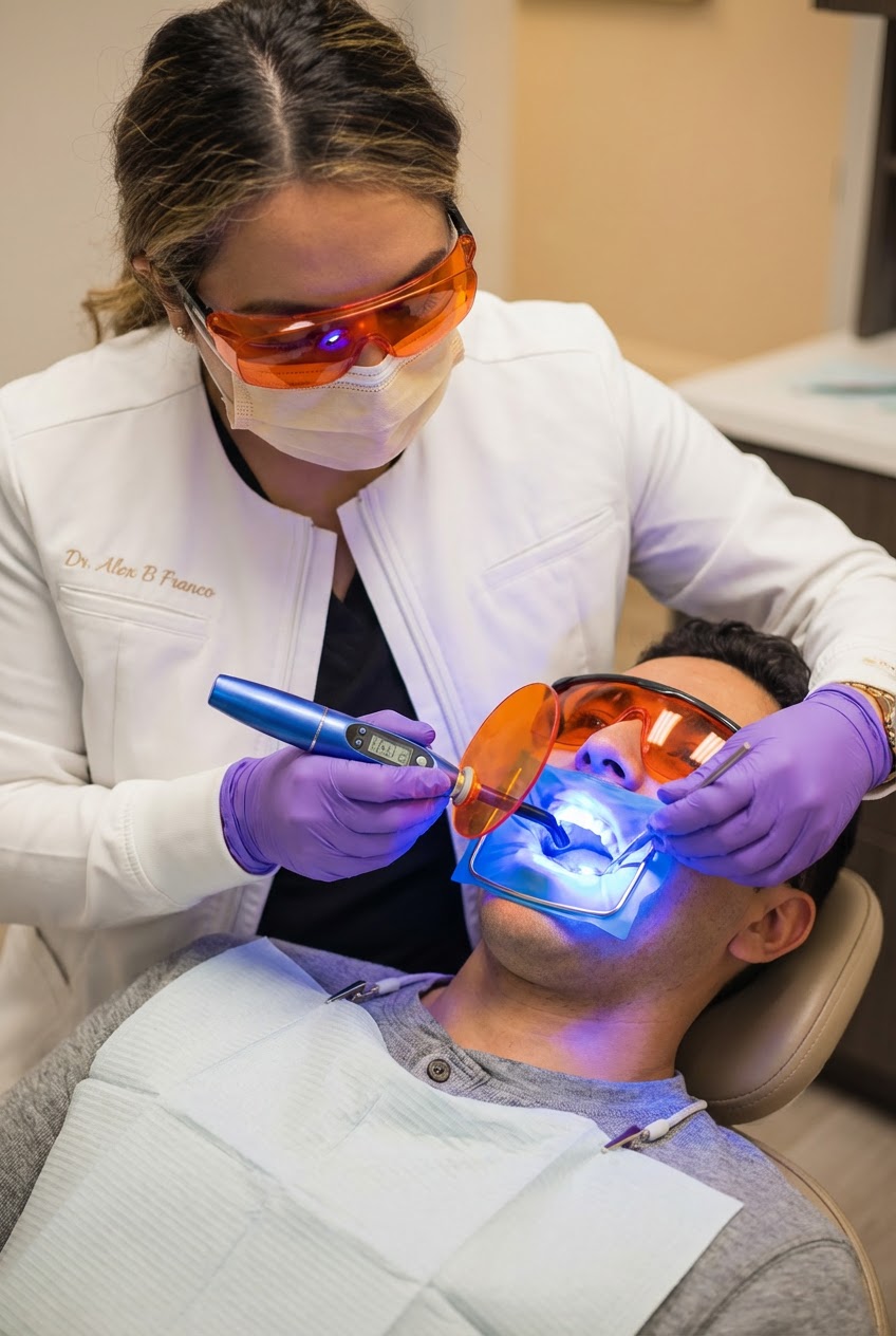Dr. Alex Franco places a tooth-colored dental filling for a patient at Method Modern Dentistry.