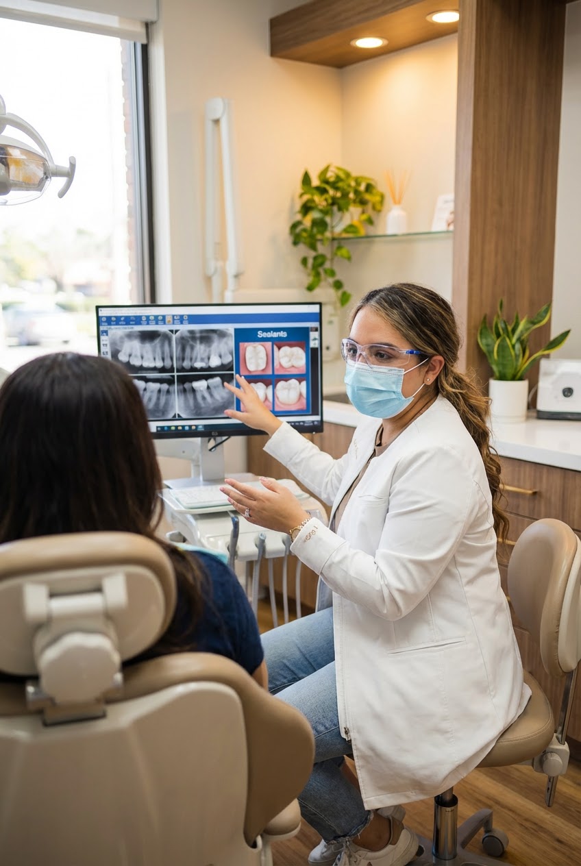 Dr. Alex Franco explains dental X-rays and sealant treatment to a patient at Method Modern Dentistry.