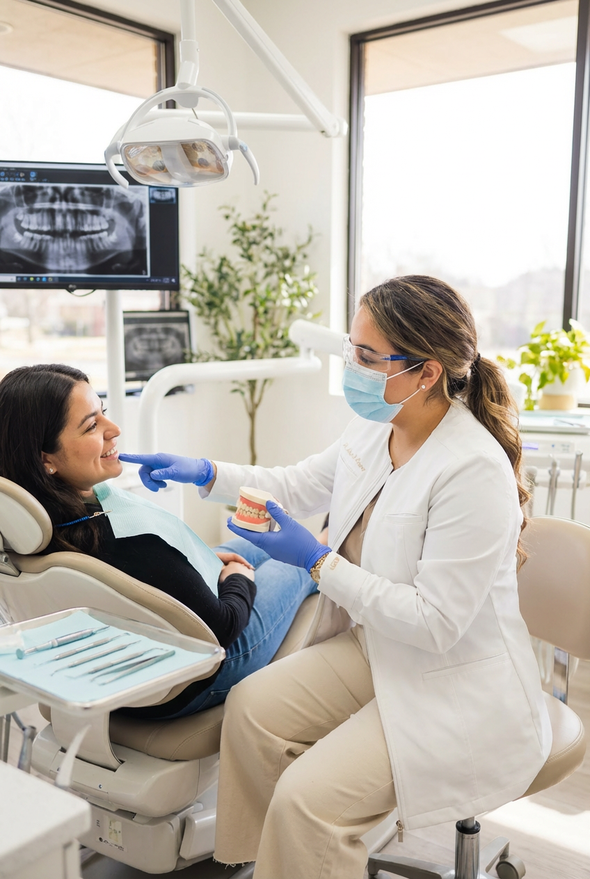 Dr. Alex Franco discusses restorative dental treatment with a patient using a teeth model.