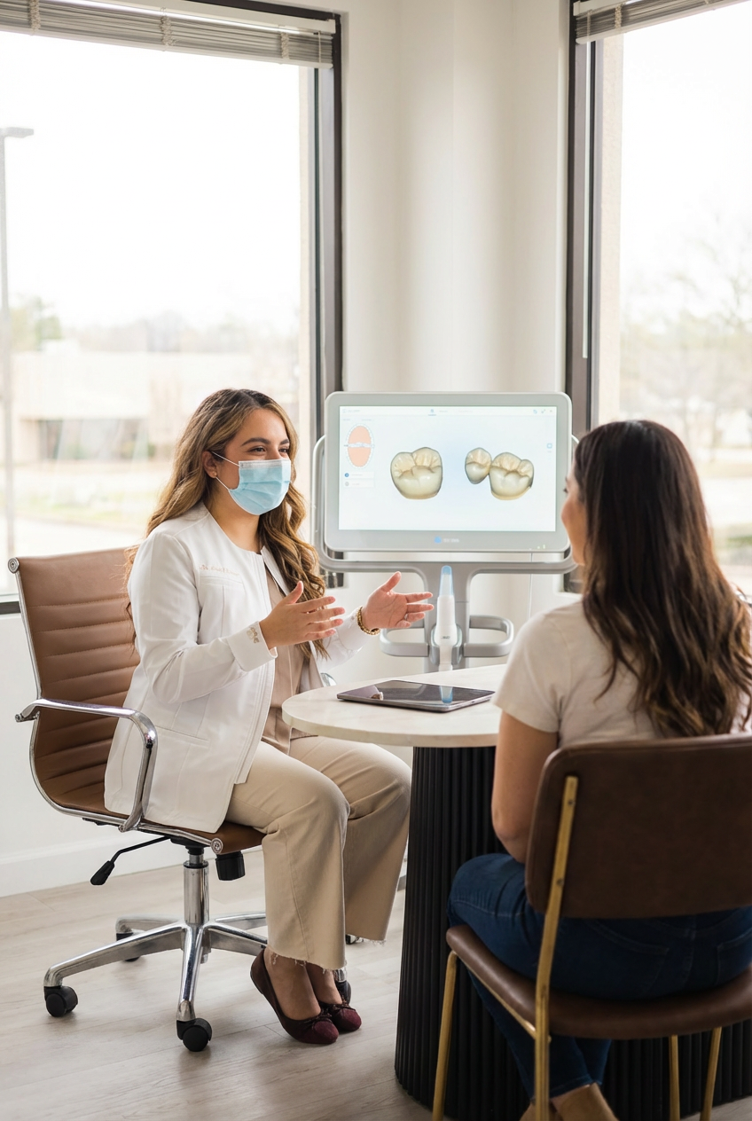 Dr. Alex Franco explains digital dental crown designs to a patient during a consultation at Method Modern Dentistry.
