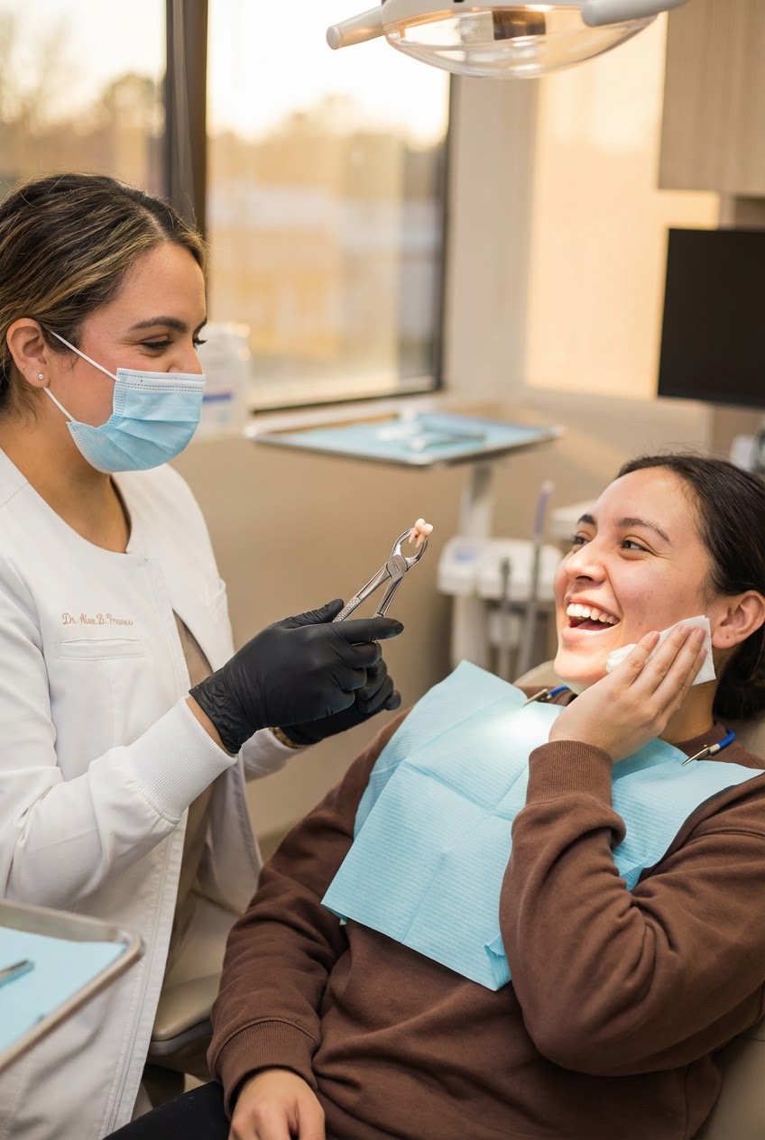 Dr. Alex Franco shows a patient an extracted tooth after a dental procedure at Method Modern Dentistry.