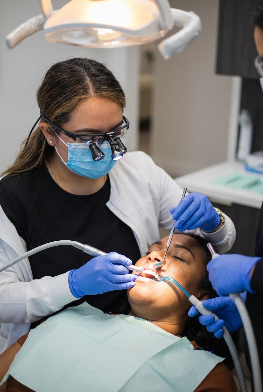 Dr. Alex Franco performs a dental procedure on a patient with assistance in the treatment room.