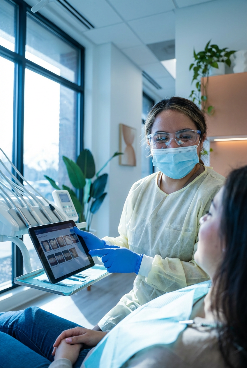 Dentist reviews dental images with a patient during a treatment consultation.