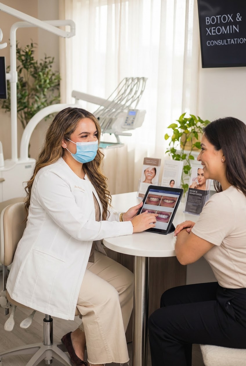 Dr. Alex Franco discusses Botox and Xeomin treatment options with a patient during a cosmetic consultation.