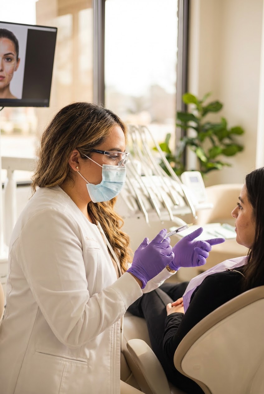 Dr. Alex Franco prepares a cosmetic injectable while speaking with a patient during a facial aesthetics appointment.