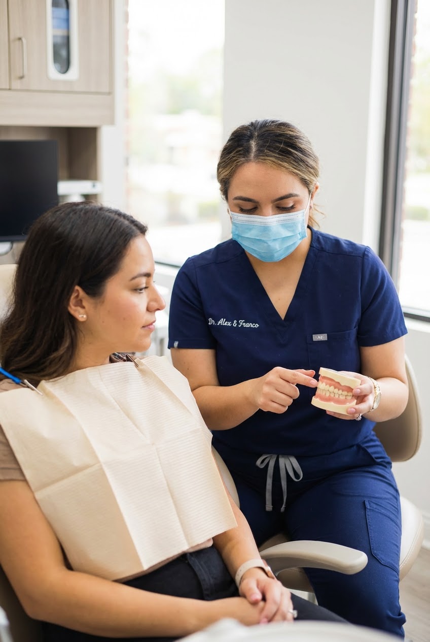 Dentist explains tooth replacement options to a patient using a dental model.