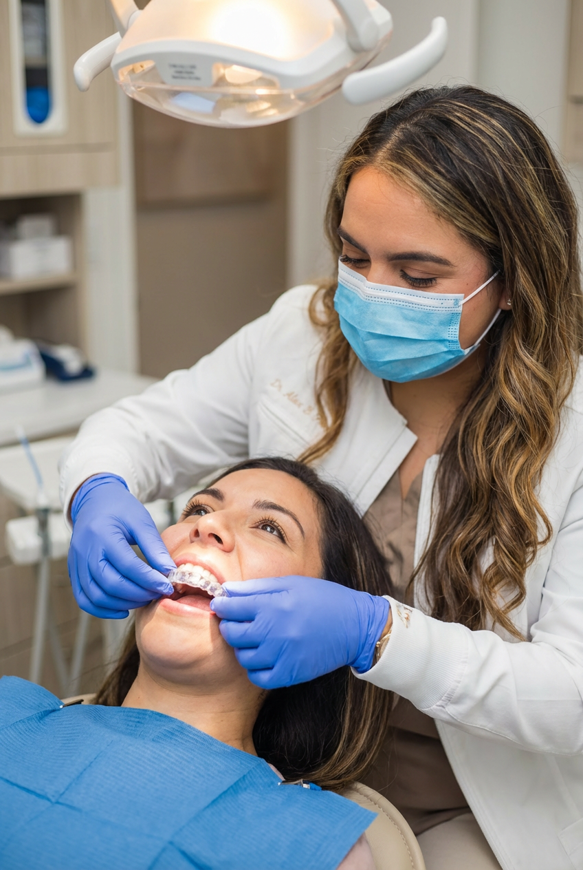 Dr. Alex Franco fits a clear Invisalign aligner over a patient’s teeth during an appointment.