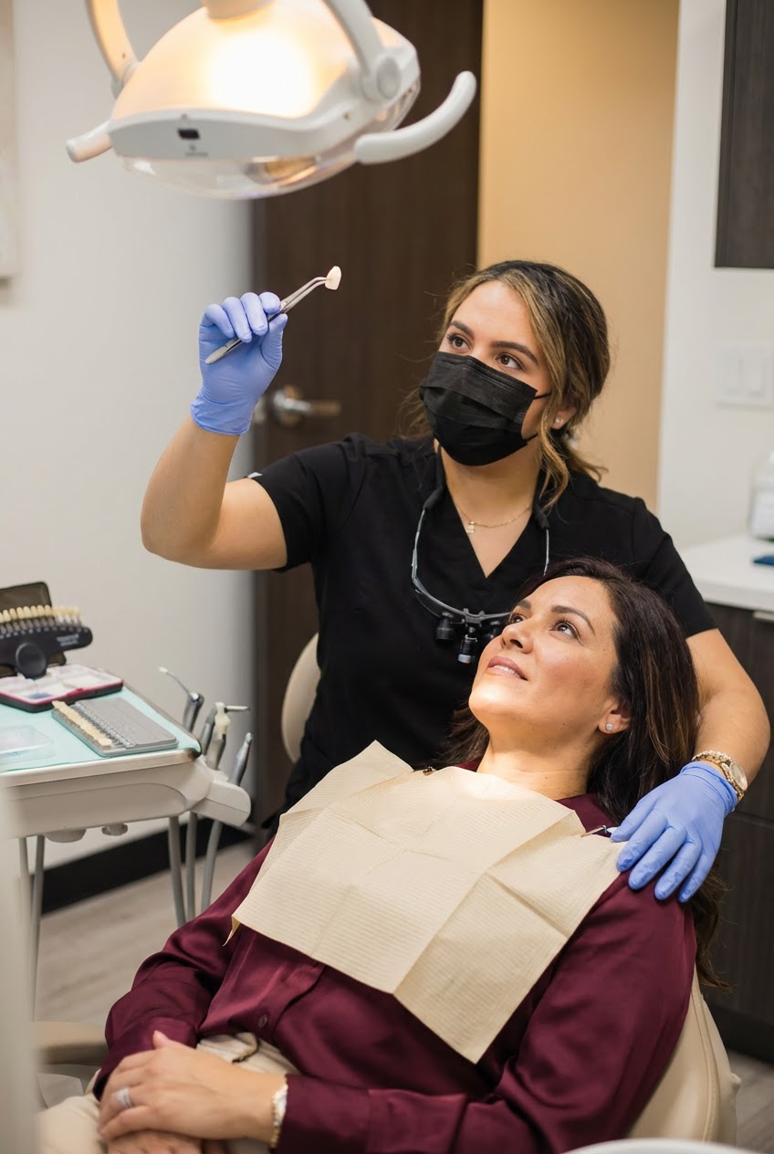 Dentist shows a porcelain veneer sample to a patient during a cosmetic dental appointment.