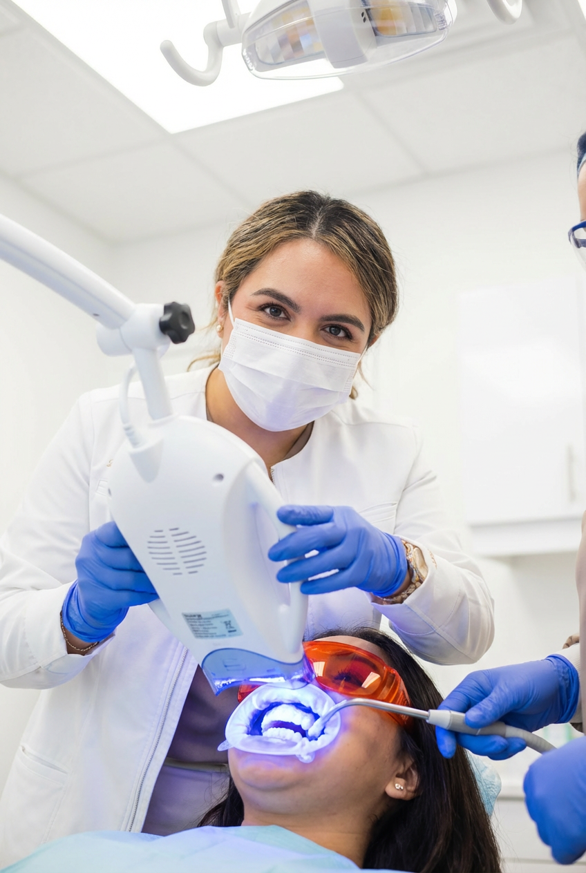 Dentist uses an LED whitening light during a professional teeth whitening treatment.