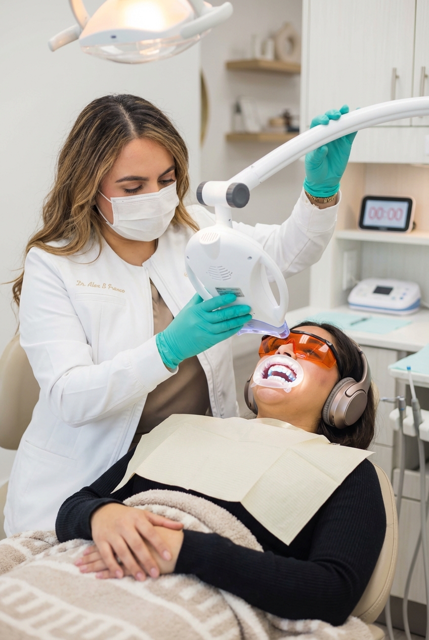 Dentist performs an in-office teeth whitening treatment on a patient.