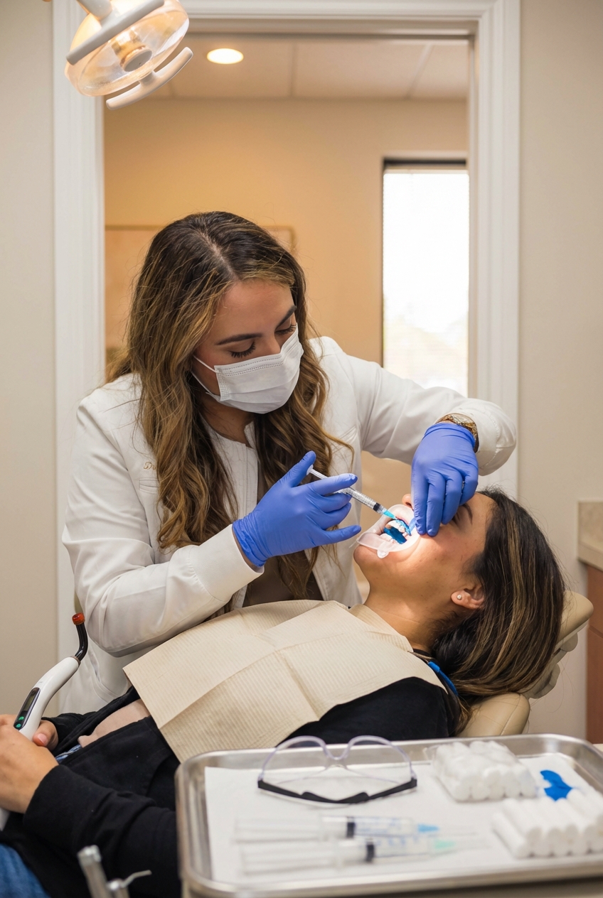 Dentist applies professional teeth whitening gel to a patient’s teeth.