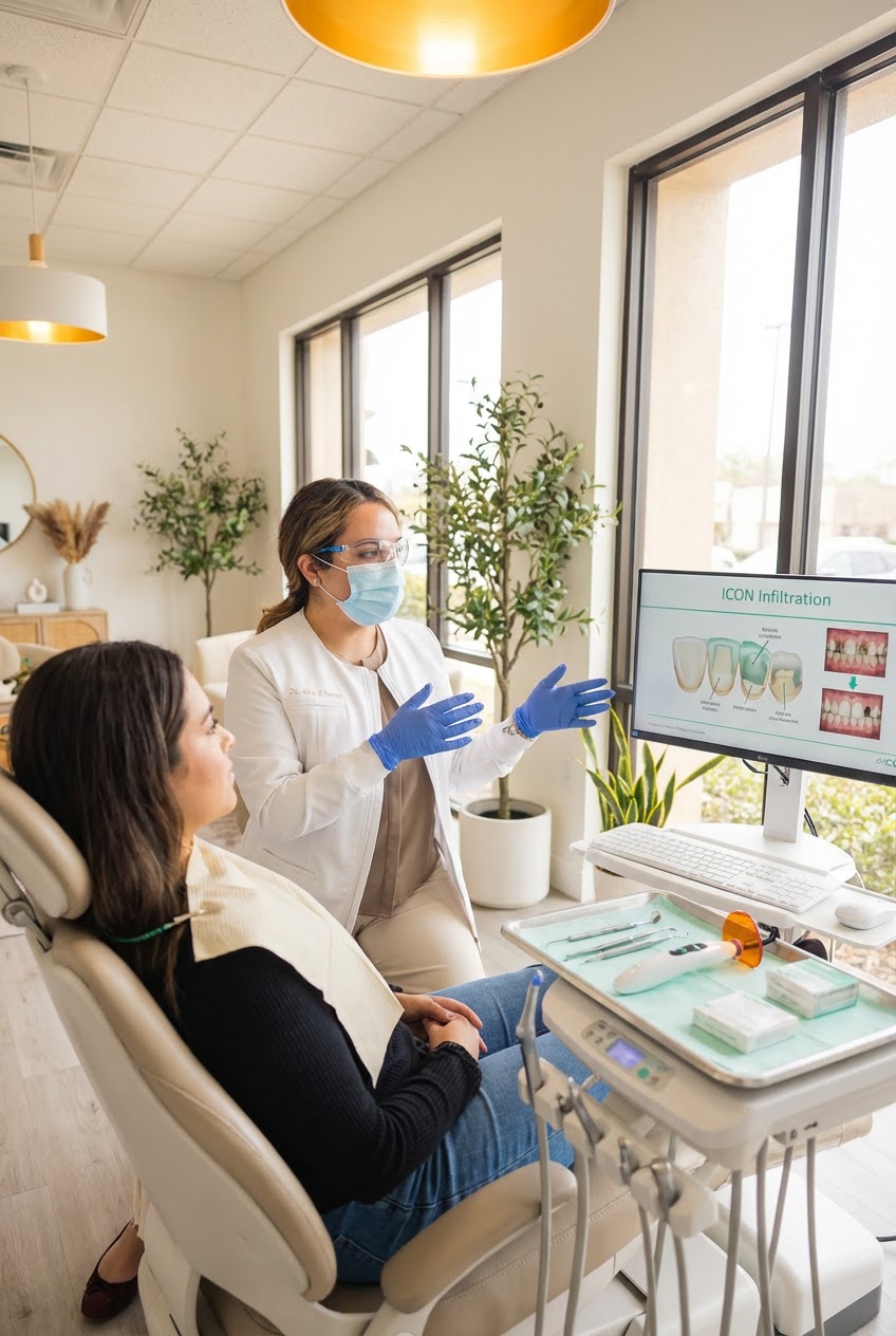 Dentist explains ICON resin infiltration treatment to a patient using a digital presentation.