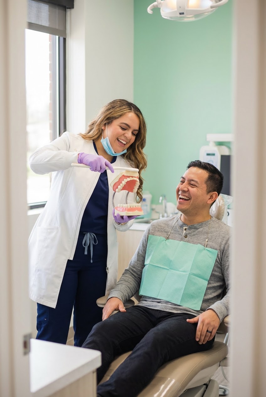 A dental professional in a white coat and purple gloves holding a tooth model while speaking with a smiling patient during a consultation