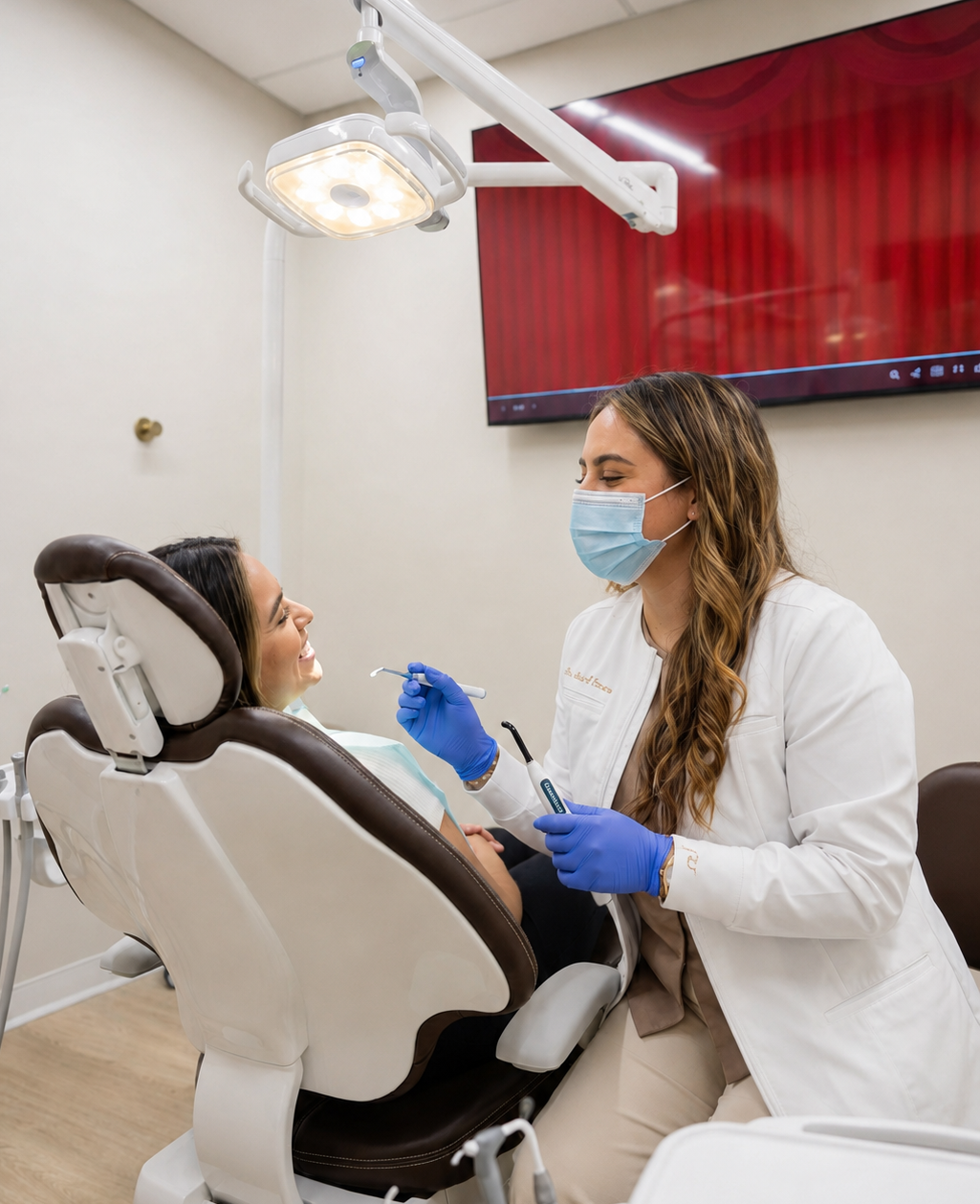 Dentist wearing a face mask and gloves providing dental care to a patient in a modern treatment room.