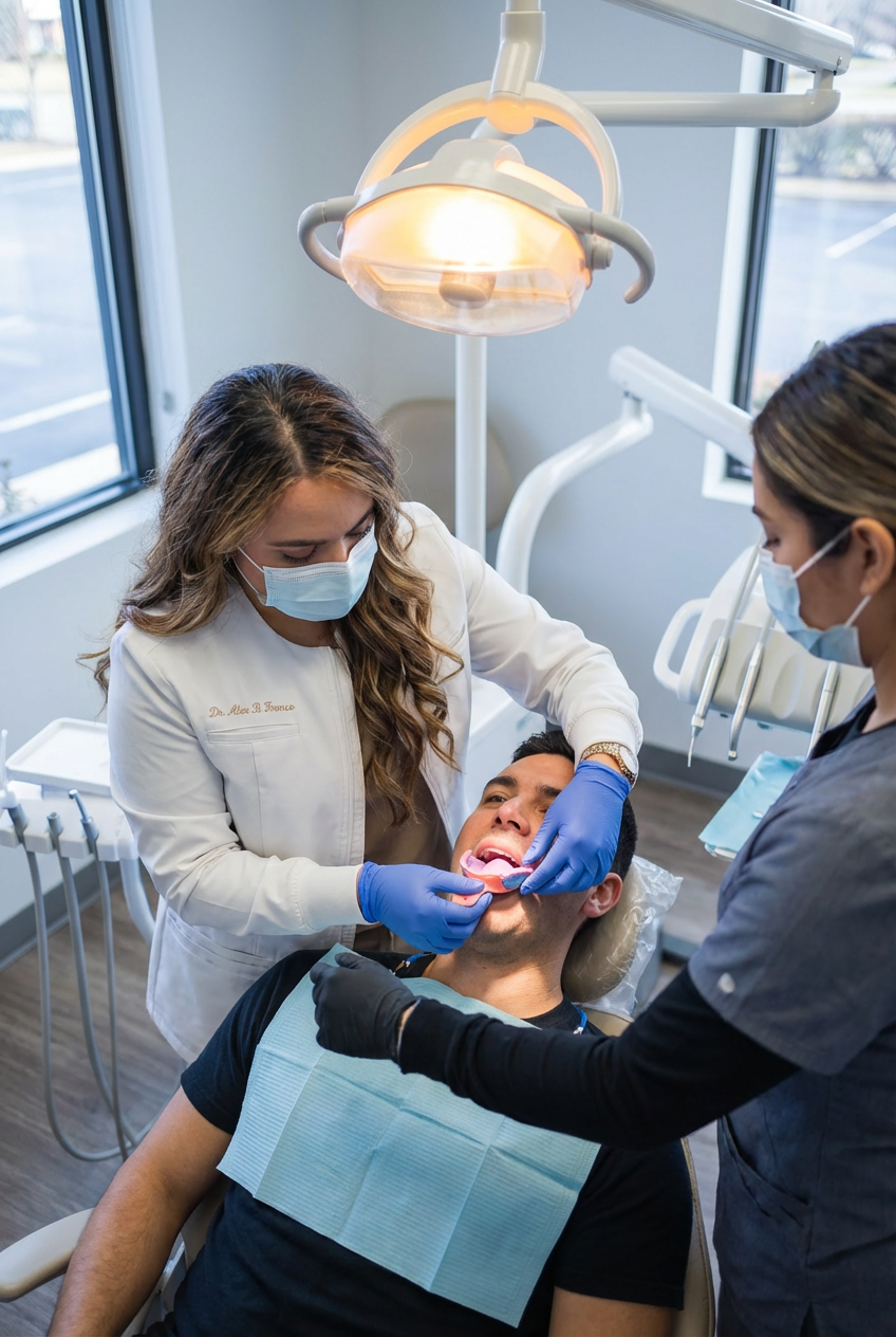 A dentist fitting a patient for custom dentures at Method Modern Dentistry in Alpharetta, GA