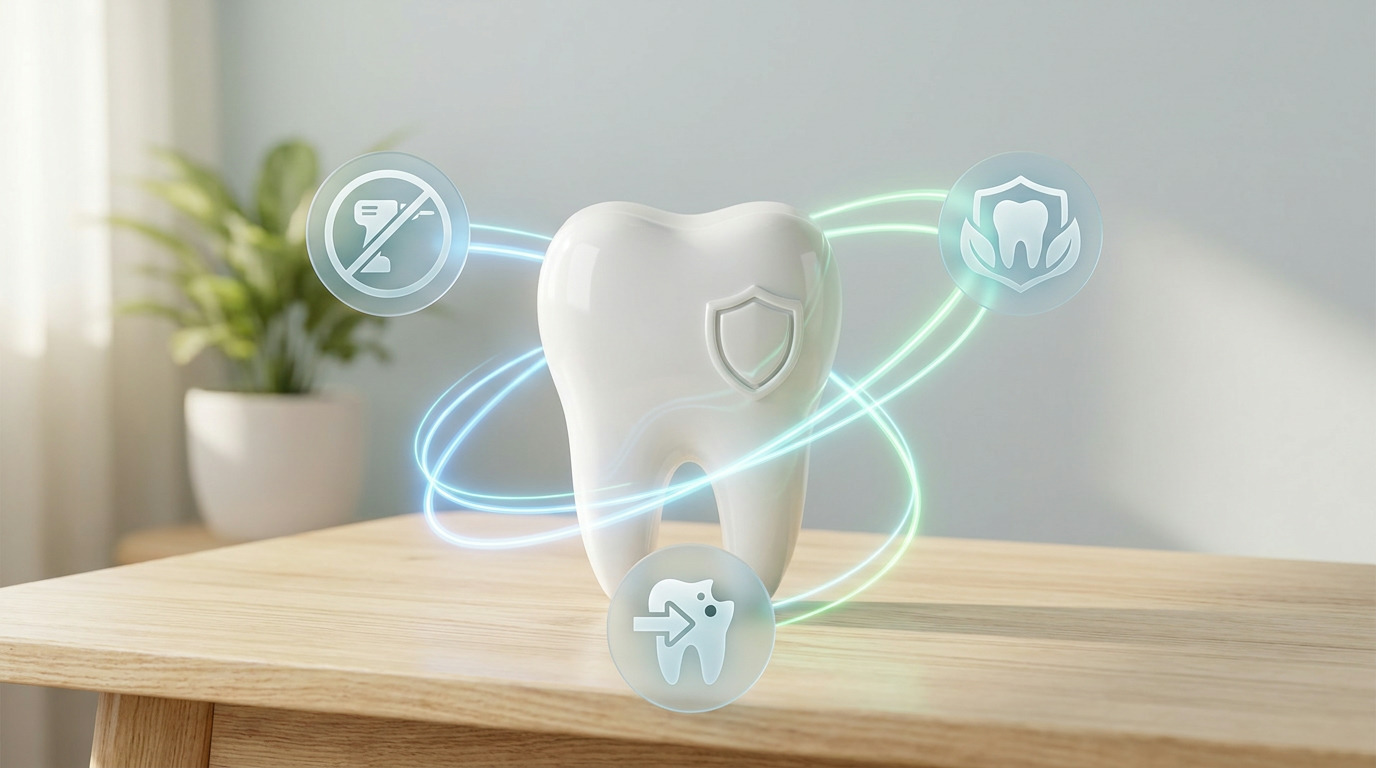 A white tooth model with a shield icon stands on a wooden surface, surrounded by glowing blue and green lines connecting three translucent circular icons: a crossed-out drill, a shielded tooth with leaves, and a tooth with an arrow