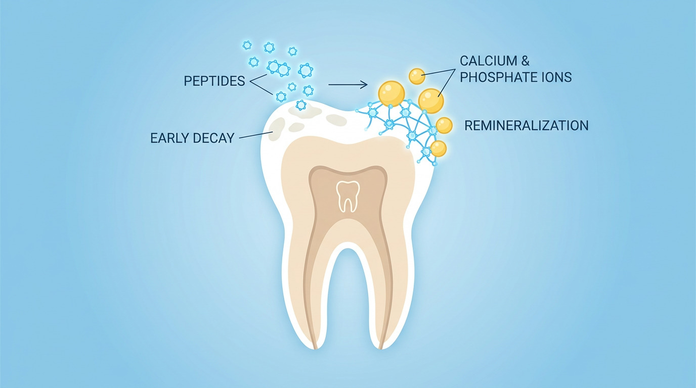 An illustration shows a cross-section of a tooth with early decay on the enamel, where blue peptides form a scaffold, attracting yellow calcium and phosphate ions for remineralization, all on a blue background.