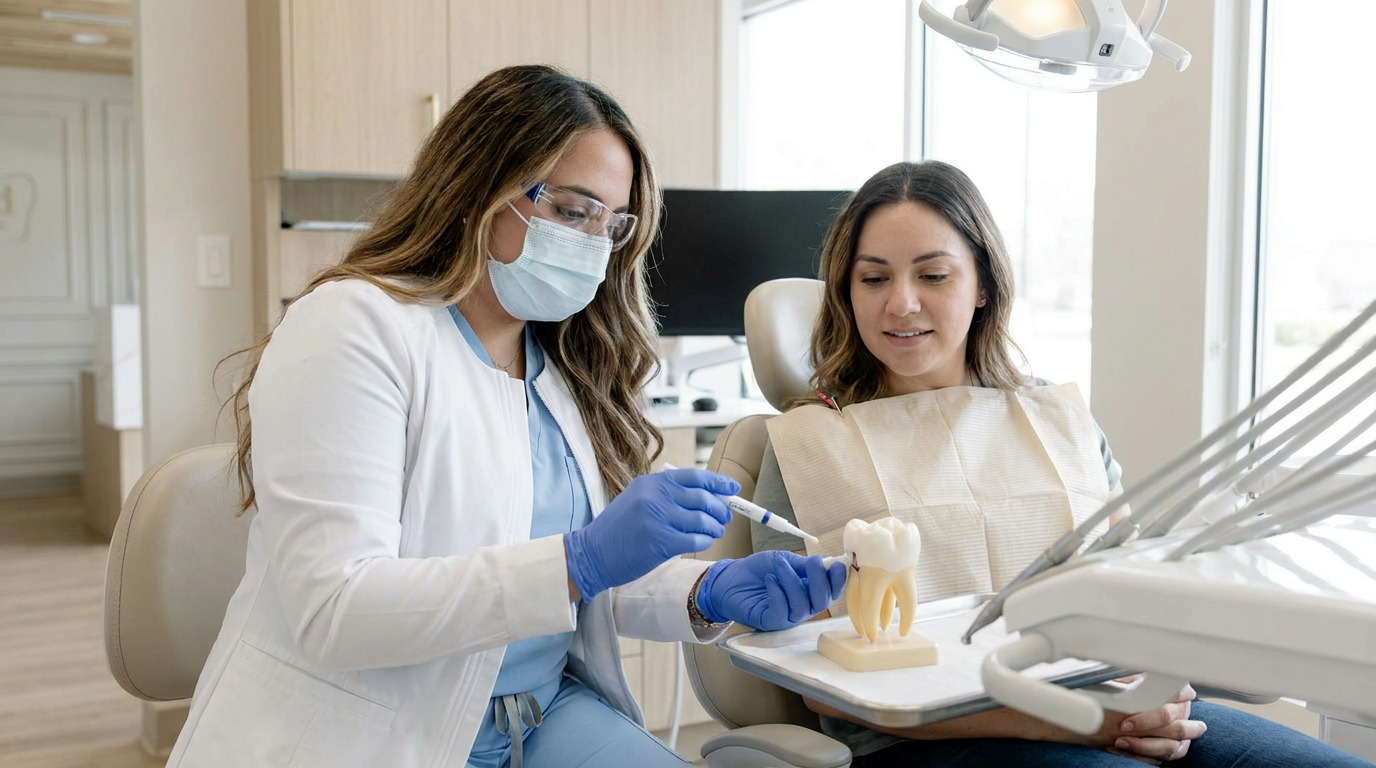 Dr. Alex Franco, wearing a white lab coat, blue scrubs, mask, and safety glasses, points to a tooth model with a pen-like applicator while Amanda, wearing a dental bib, watches intently in a bright dental operatory.