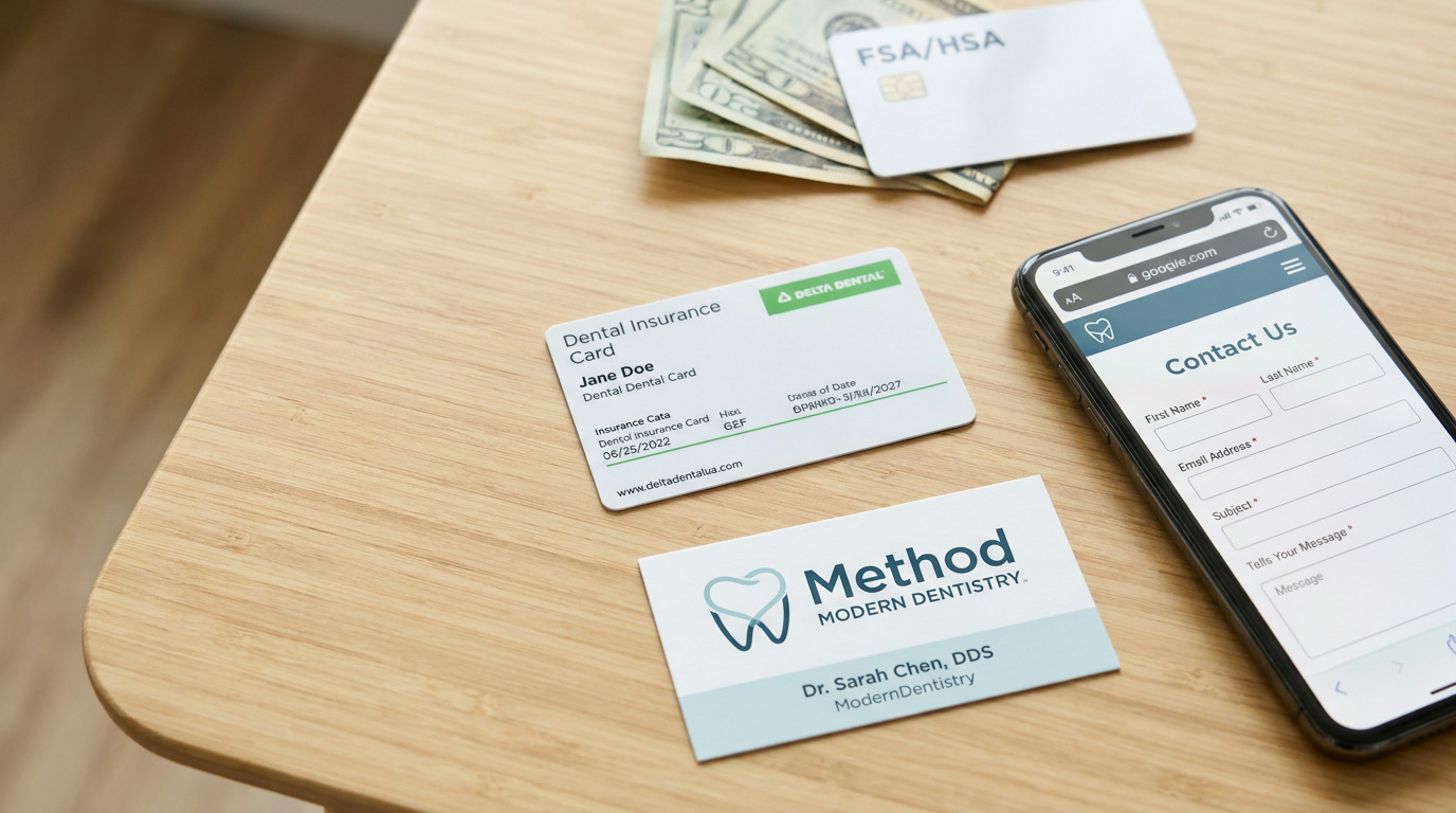A dental insurance card, a business card for Dr. Sarah Chen, and a smartphone displaying a contact form are arranged on a light wood desk, with a stack of dollar bills and an FSA/HSA card in the background.