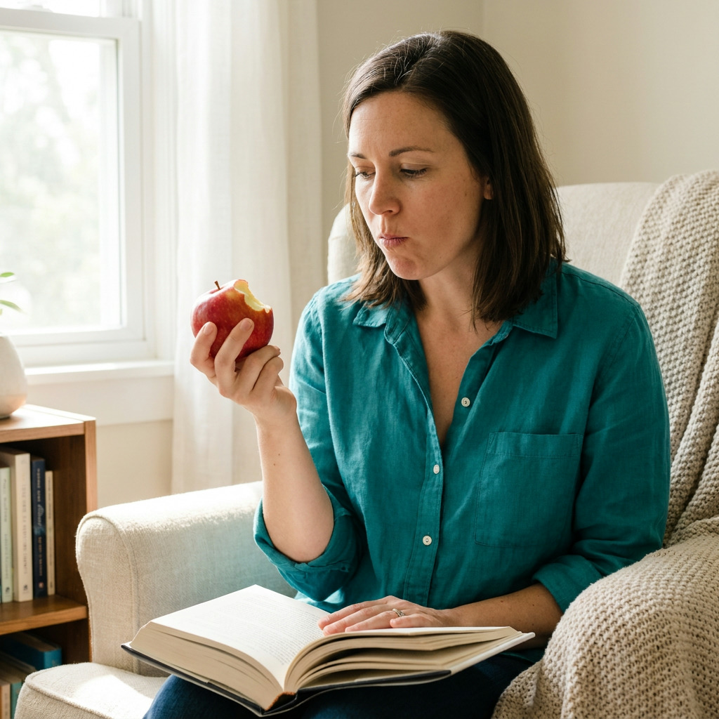 Lauren sits in a cream armchair, wearing a teal shirt and blue pants, holding a red apple with a bite taken out of it and an open book on her lap, in a sunlit room.