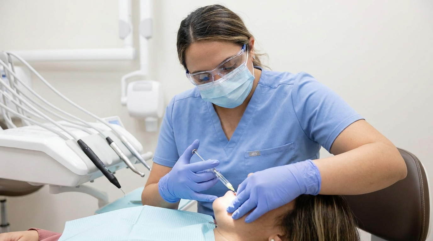A dental professional in blue scrubs, mask, and safety glasses, wearing blue gloves, administers an injection to a patient lying in a dental chair, with dental equipment visible nearby.