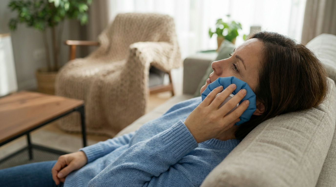 A person reclines on a sofa, holding a blue ice pack to their cheek, wearing a light blue sweater and jeans, in a living room with a blurred armchair and plant in the background.