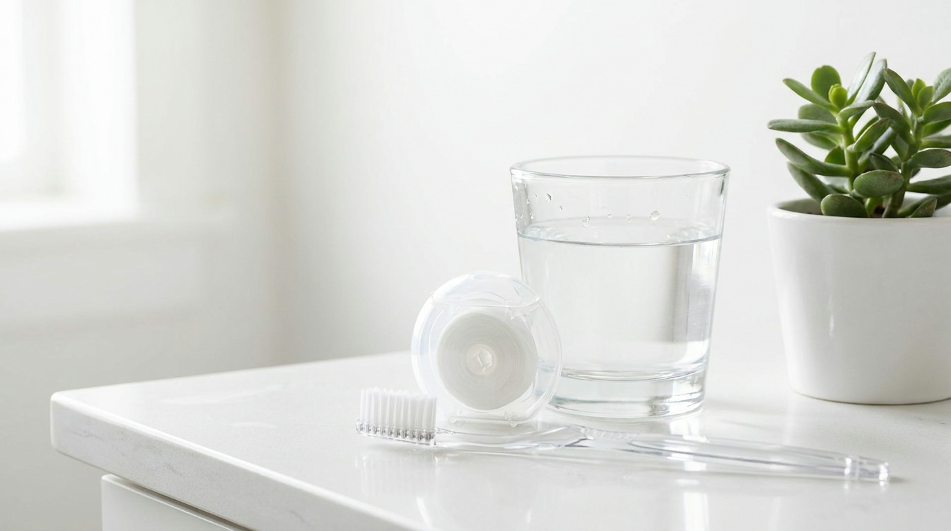 A clear toothbrush with white bristles, a container of white dental floss, and a glass of water sit on a white counter next to a green potted succulent plant.