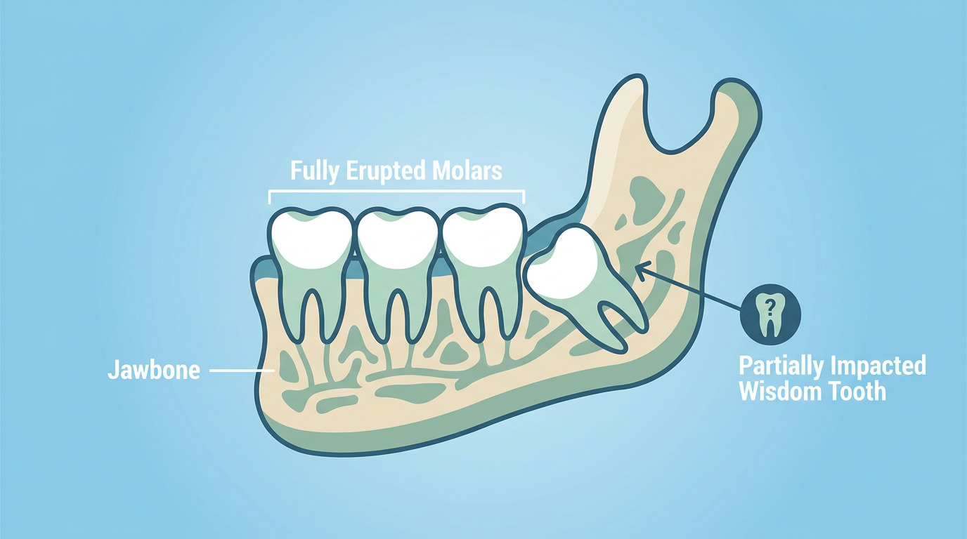 An illustration of a jawbone shows four fully erupted molars and a partially impacted wisdom tooth at the back, with text labels.