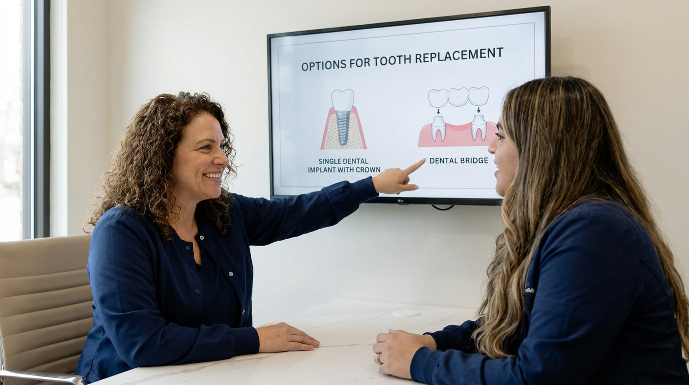 Dr. Alex Franco, in a dark blue clinical jacket, points to a screen showing "Options for Tooth Replacement" diagrams, while Brooke looks on.