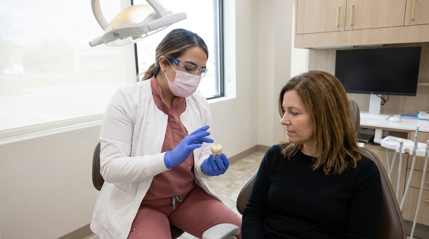 A dentist in a white lab coat, pink scrubs, mask, and safety glasses holds a tooth model while speaking to a patient in a black shirt sitting in a dental chair.