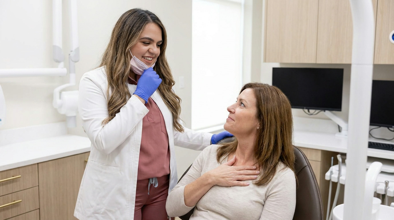 Dr. Alex Franco, wearing a white lab coat and blue gloves, stands smiling at Brooke, who sits in a dental chair with her hand on her chest, in a bright dental office.