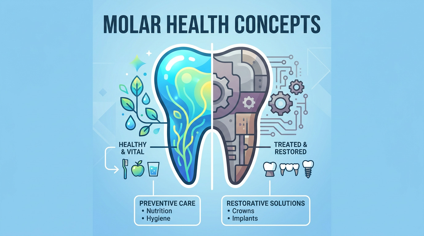 An illustration of a molar tooth split into two halves: one vibrant and healthy with plant elements, and the other mechanical and restored with gears. Text lists preventive care and restorative solutions.
