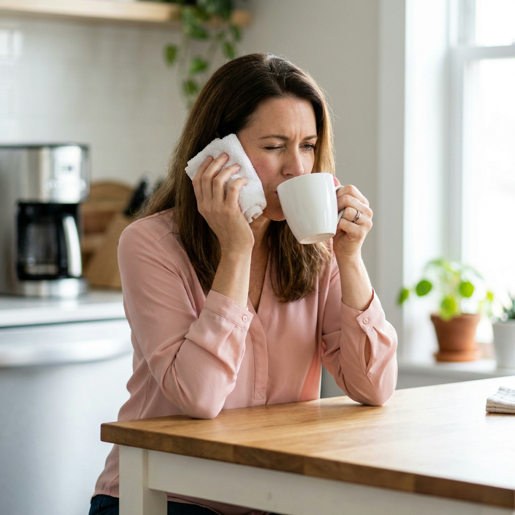 Brooke, in a pink blouse, holds a white towel to her left cheek and sips from a white mug, wincing, at a wooden kitchen table.