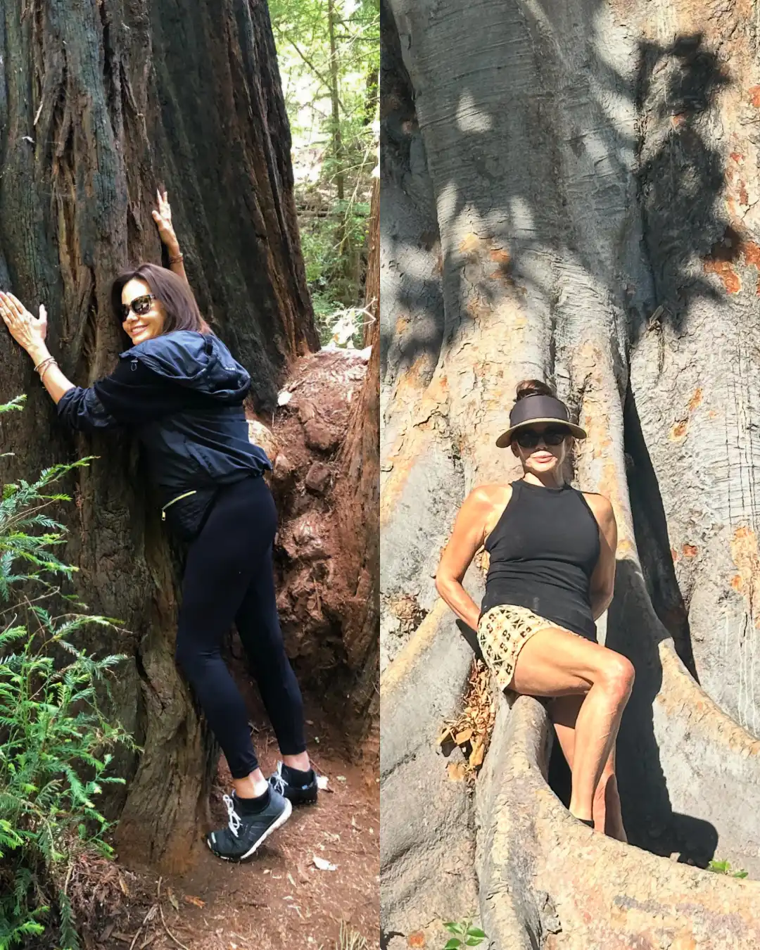Cristina connecting with nature during her healing journey—hugging a giant redwood tree and sitting confidently in its roots—embodying women’s empowerment, spiritual growth, and midlife transformation with renewed strength and confidence.