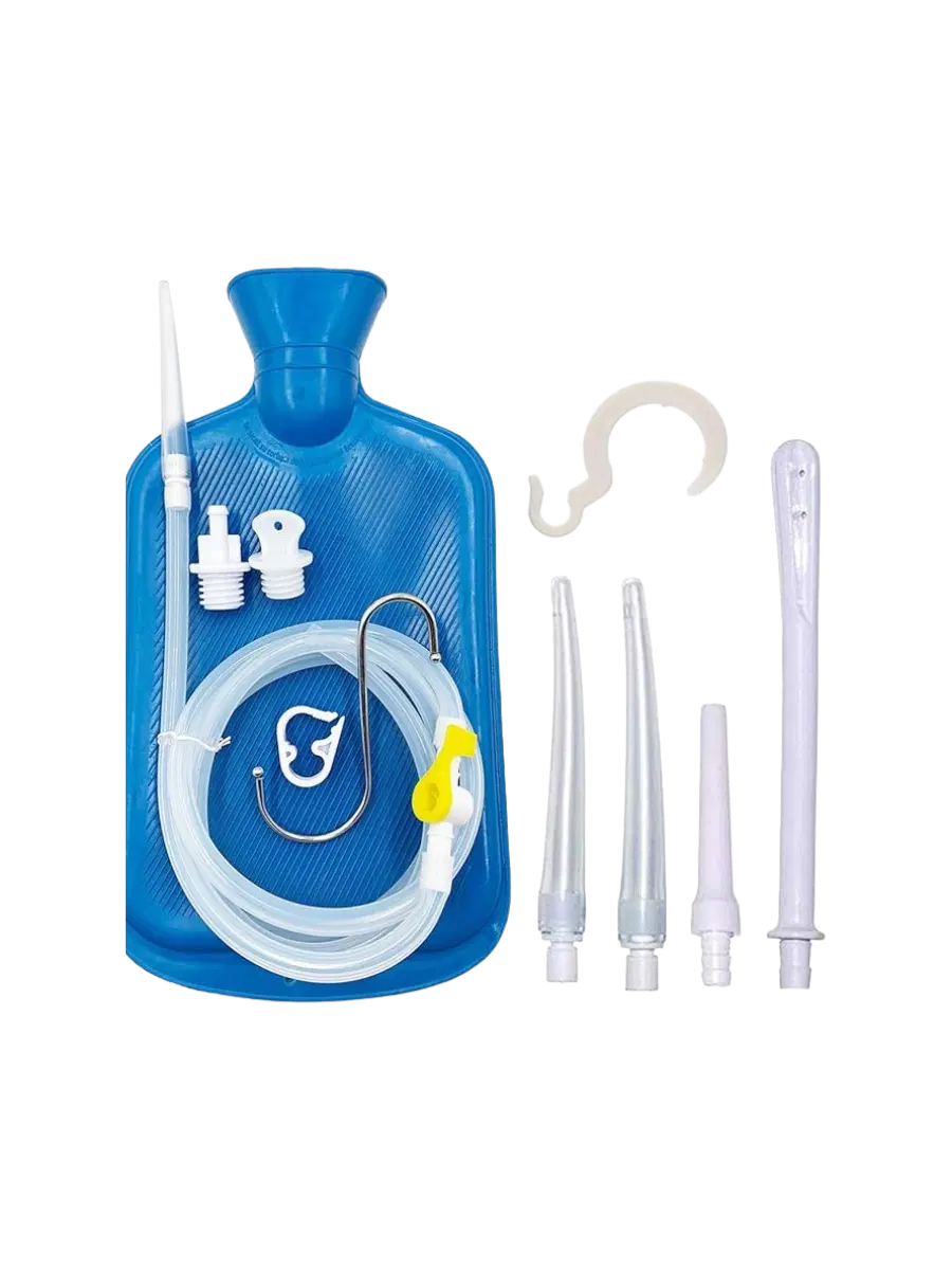 Blue enema bag with attached tubing, nozzles, and accessories displayed to the right of the bag.
