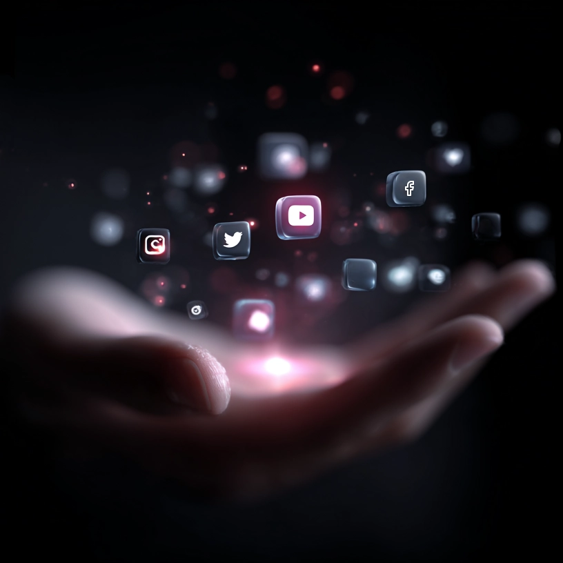 Hand holding light orb with social media logos, symbolizing digital marketing power.