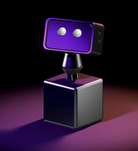 3D illustration of a purple and black robot with glowing eyes on a dark background, representing innovative and modern web design services by The 66th