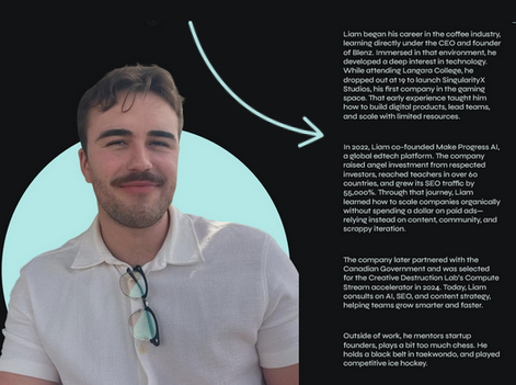 an arrow focused and pointing on the author section / bio of liam's page.