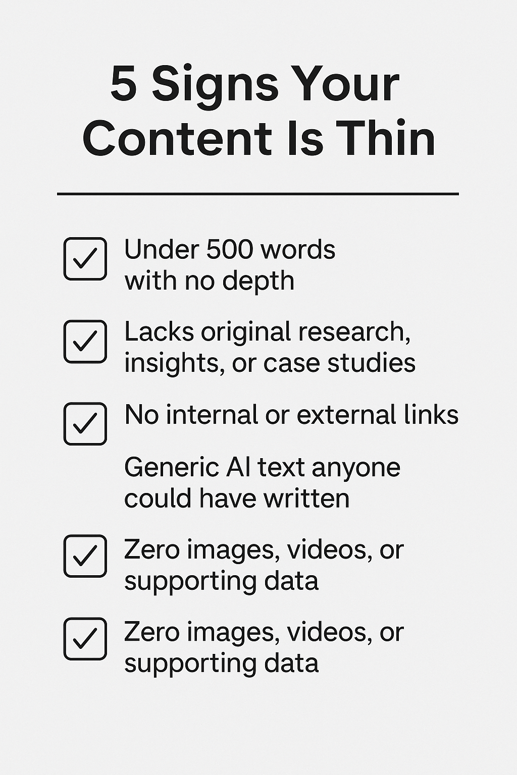 Checklist graphic showing 5 signs your content is thin after Google’s June 2025 update