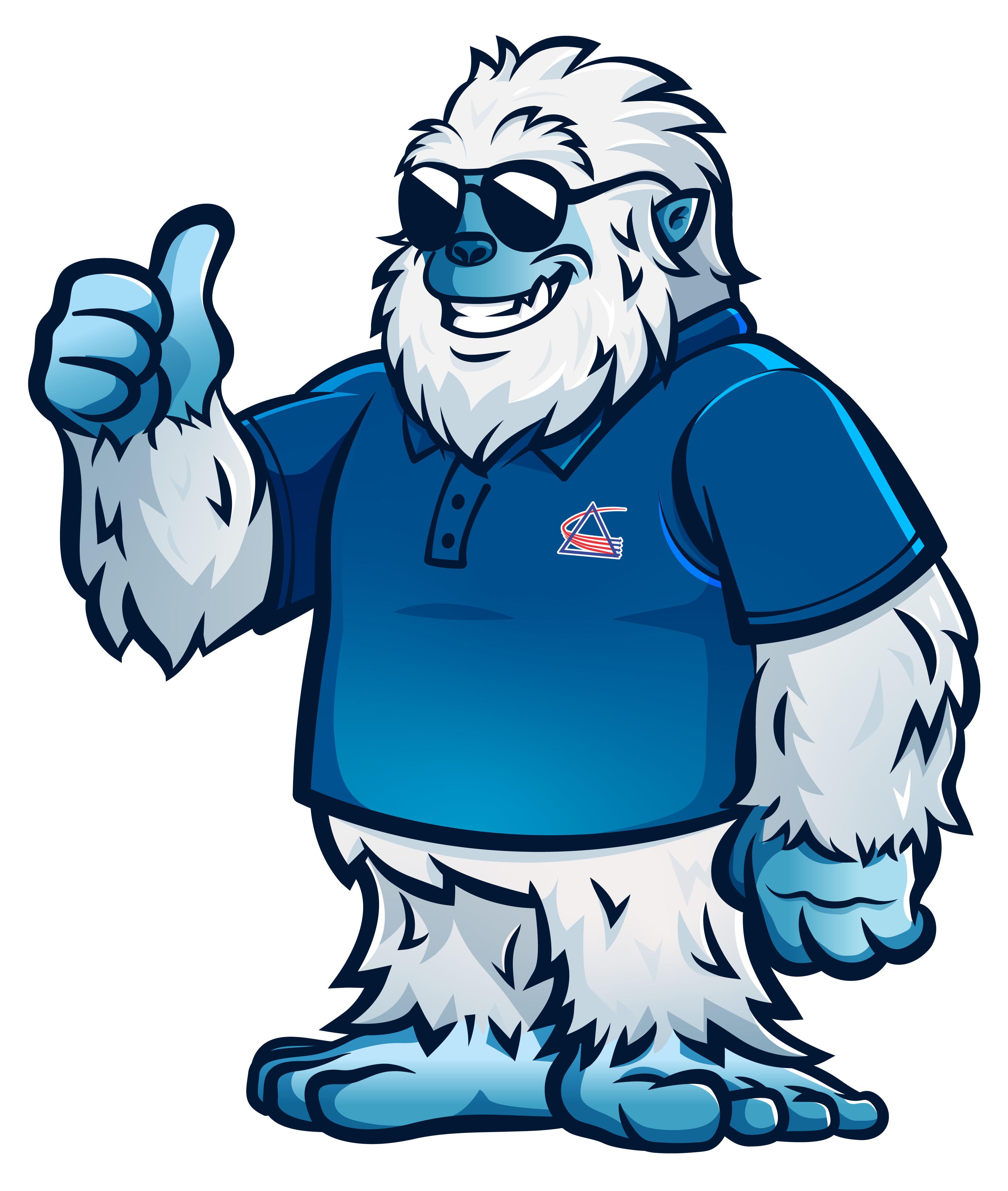 Cartoon yeti character wearing sunglasses and a blue polo shirt giving a thumbs up.